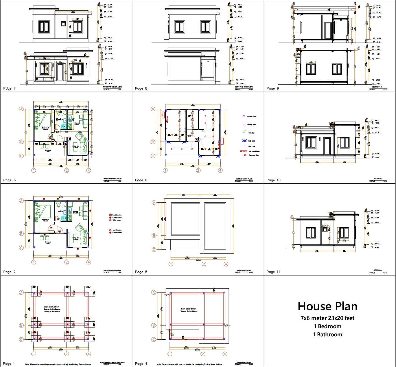 23×20 Feet Small House Plans 7×6 Meter One Bedroom Flat Roof (A4 Hard Copy)