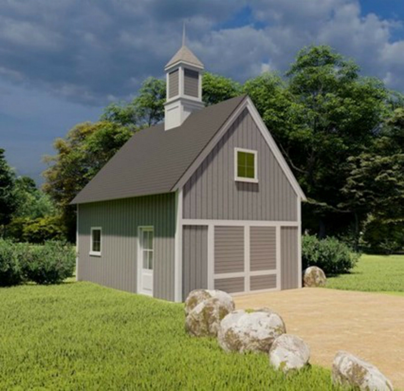 One-Bay Country Garage with Loft – 3 Complete Sets of Pole Barn Plans (eB-102×3)