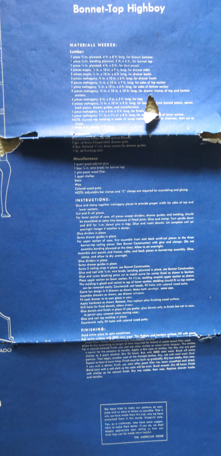 AMERICAN HOME FURNITURE BLUEPRINT Pattern # 2030 Bonnet Top High Boy
