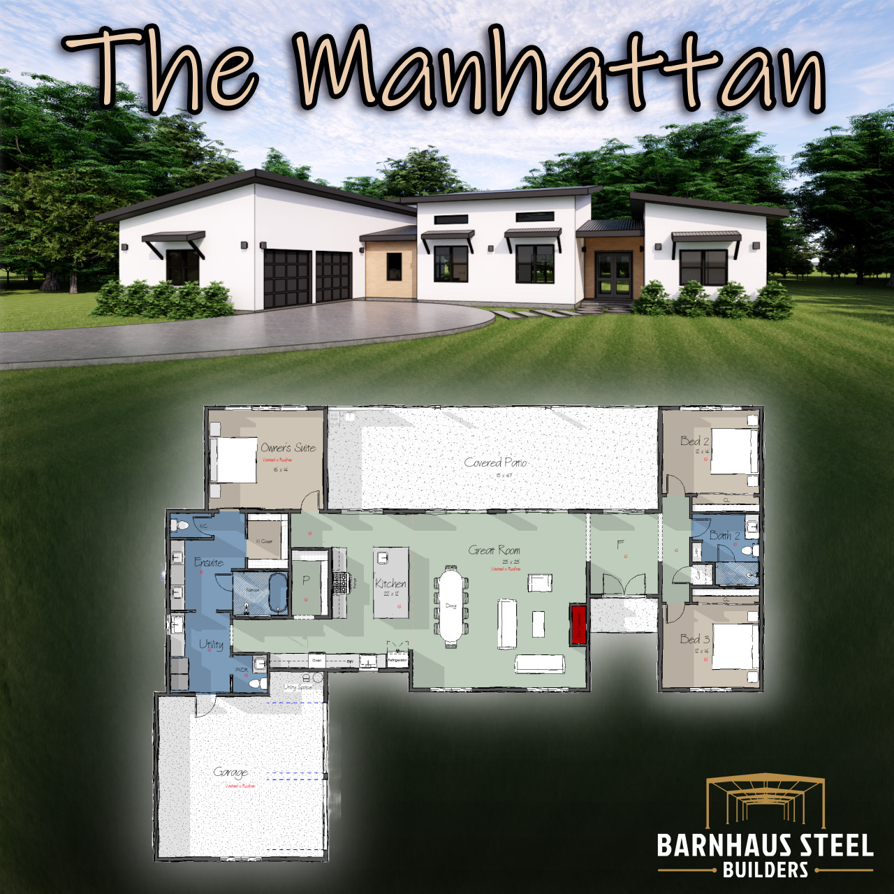 The Manhattan: Mid-Century 3 Bedrooms / 2.5 Baths 2,547 SF Design Blueprints