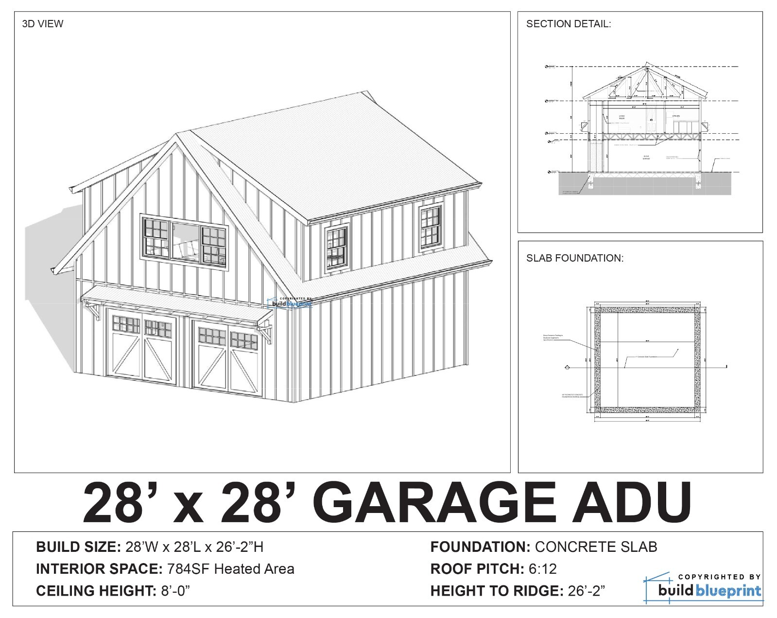 28′ x 28′ Two Car ADU Garage Loft Architectural Plans – PDF Download