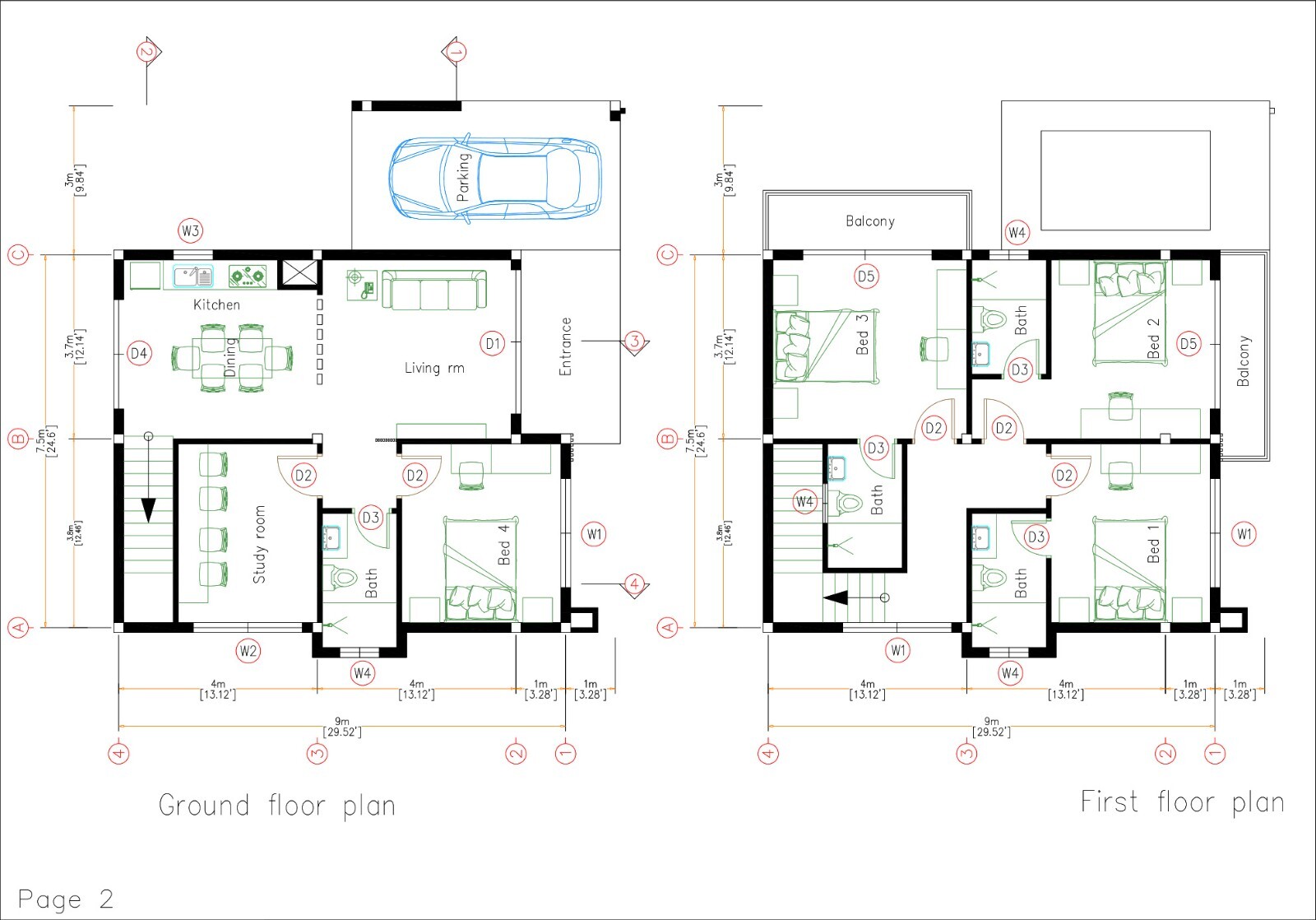 25×30 Feet House Design Plans 7.5×9 Meter 4 Bed 4 Bath PDF Plans (+A4 Hard Copy)