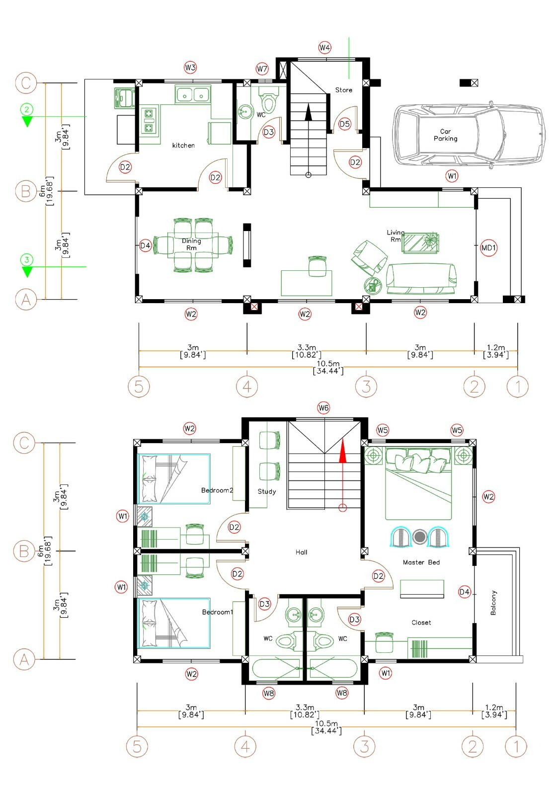 Custom House Plan 6×10.5 Meter 20×35 Feet 3 Beds 3 Baths Hip Roof (A4 Hard Copy)