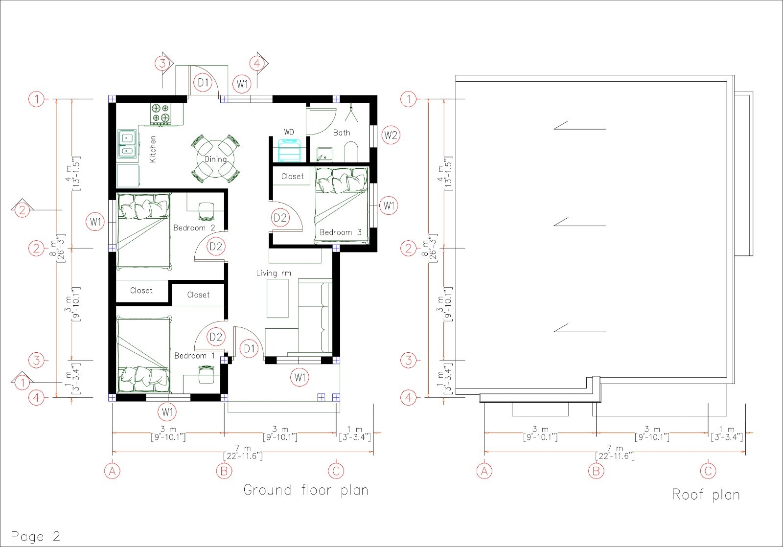 23×26 Feet Small House Plan 7×8 Meter 3 Beds 1 bath Shed Roof PDF & A4 Hard Copy