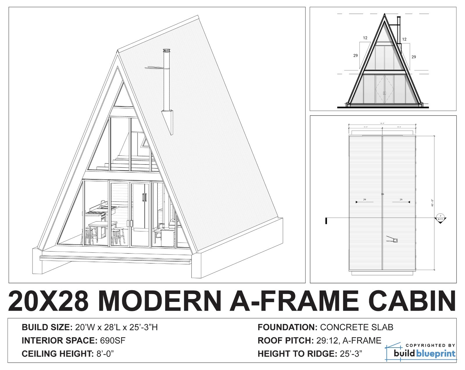 20′ x 28′ Modern A-Frame Cabin Architectural Plans Blueprint PDF Download
