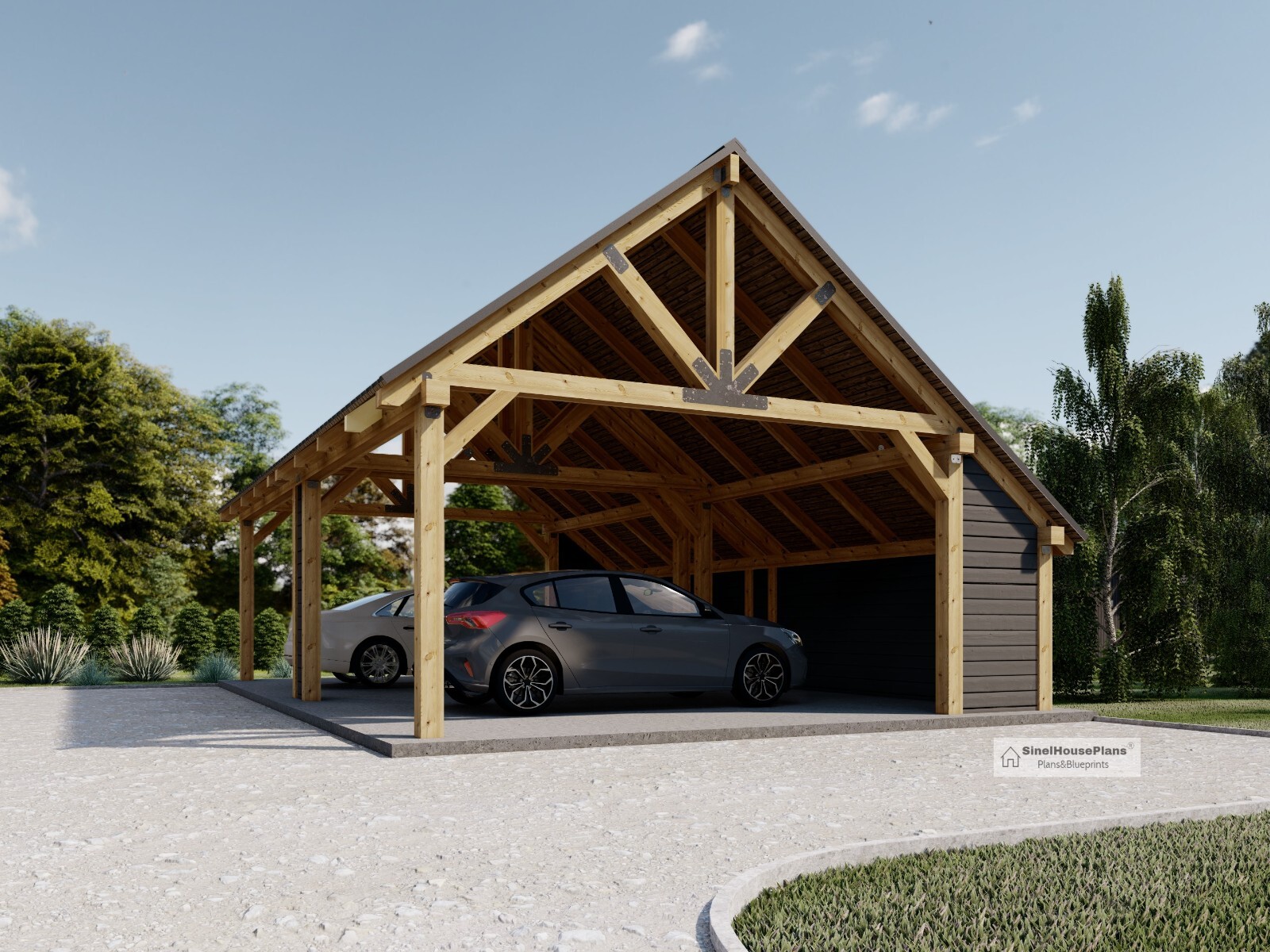 Timber Frame Carports Plan, 34’x22′ Wood Pavilion Blueprints