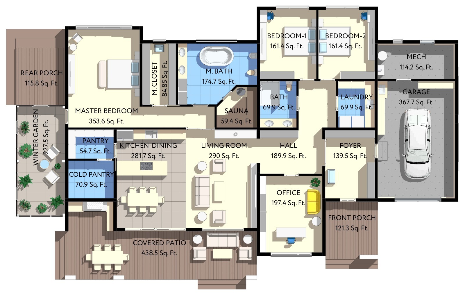 90’x55’ 3 Bed, 2 Bath Garage, Porch, Winter Garden Architect. Plans PDF Download