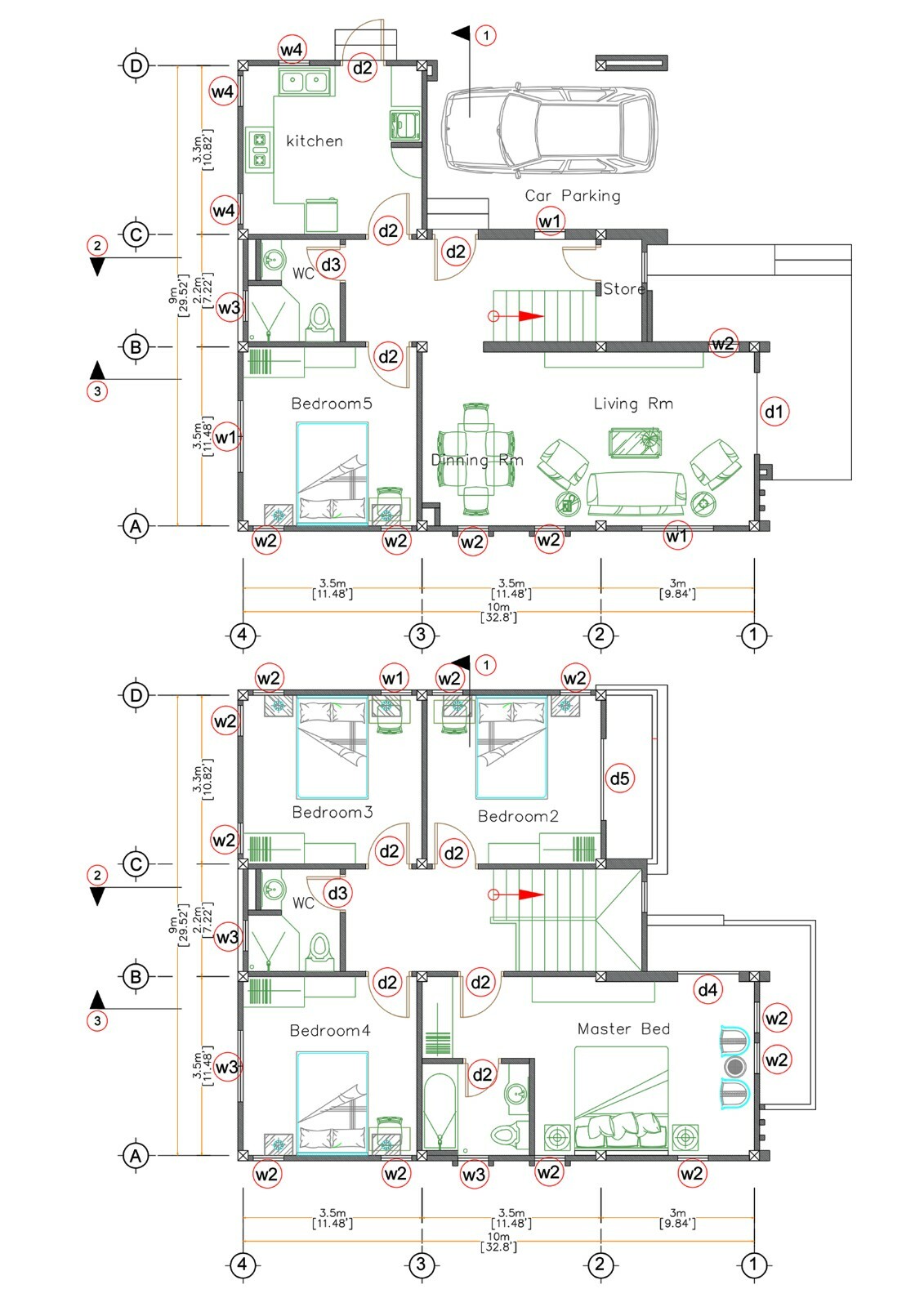 Custom House Plan 9×10 Meter 30×33 Feet 5 Beds 3 Baths Hip Roof (A4 Hard Copy)