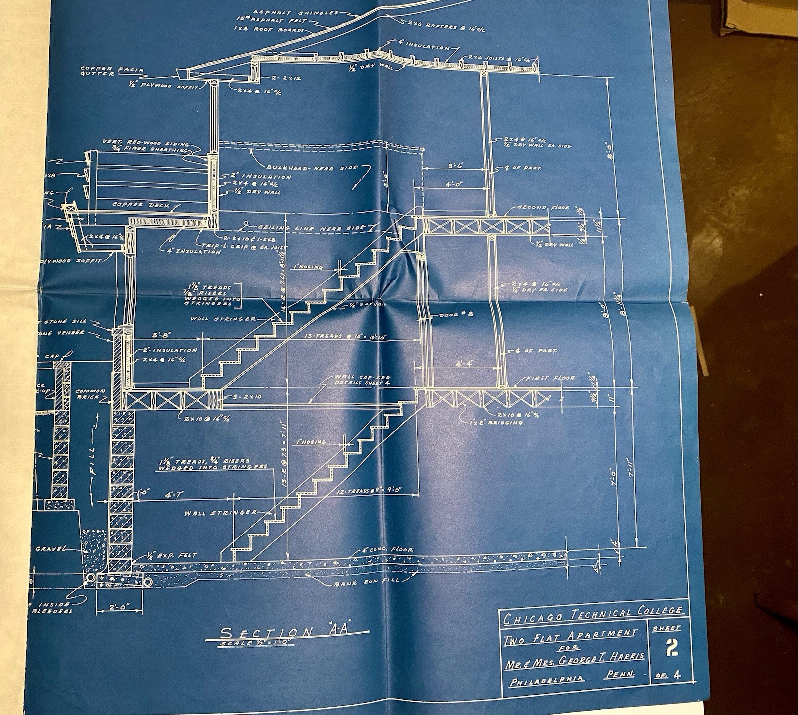 Lot Of 2 1950s-1960s Blueprints Mid century Modern Home + Two Flat Apt Building