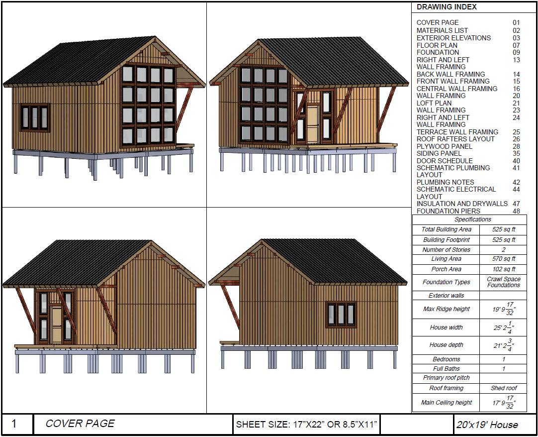 20’x25’ Cozy 2-Story Tiny House Cabin DIY Architectural Build Plans PDF Download