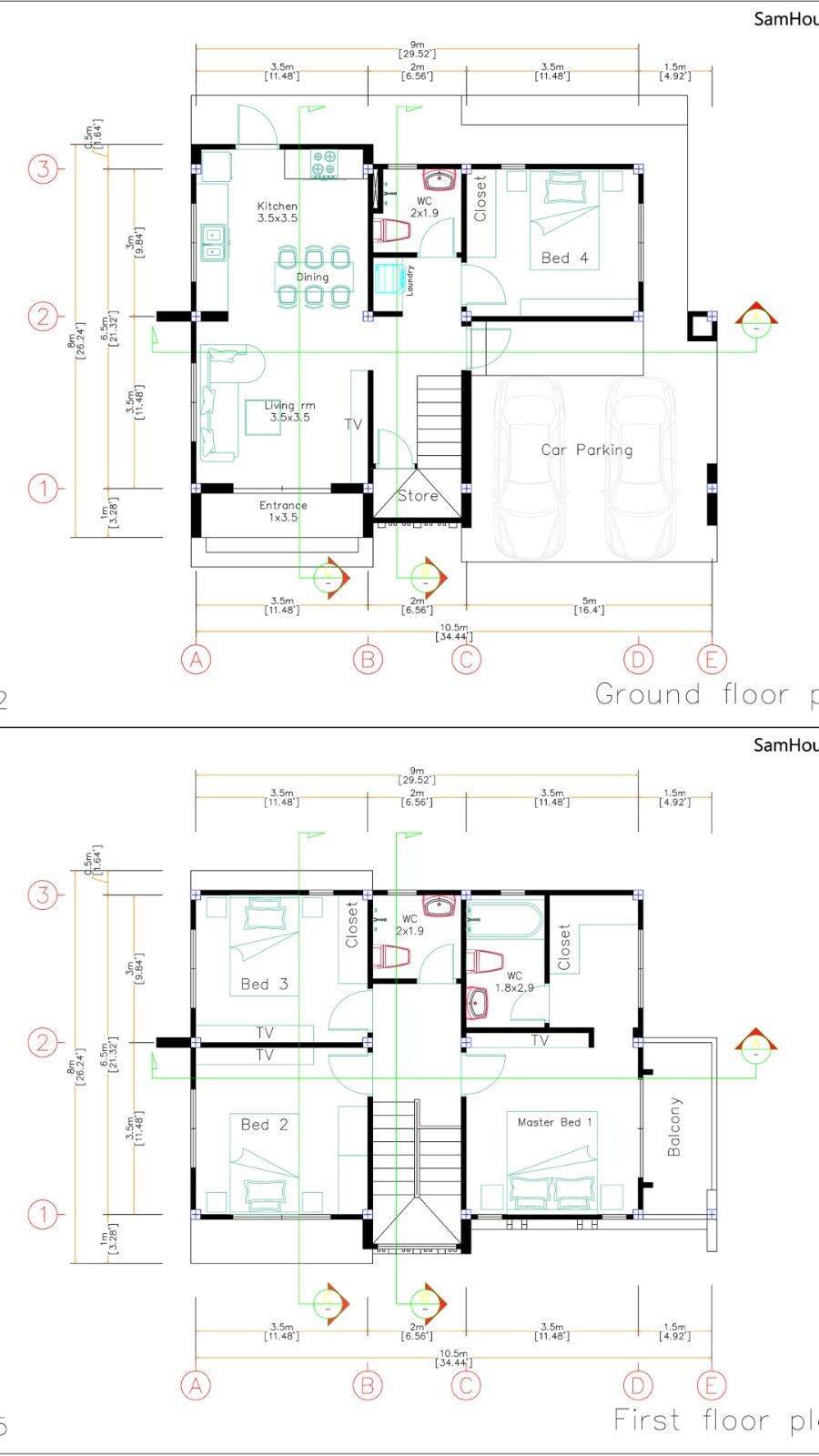 35×26 House Design Plans 10.5×8 Meters 4 Bedrooms PDF Full Plans (A4 Hard Copy)