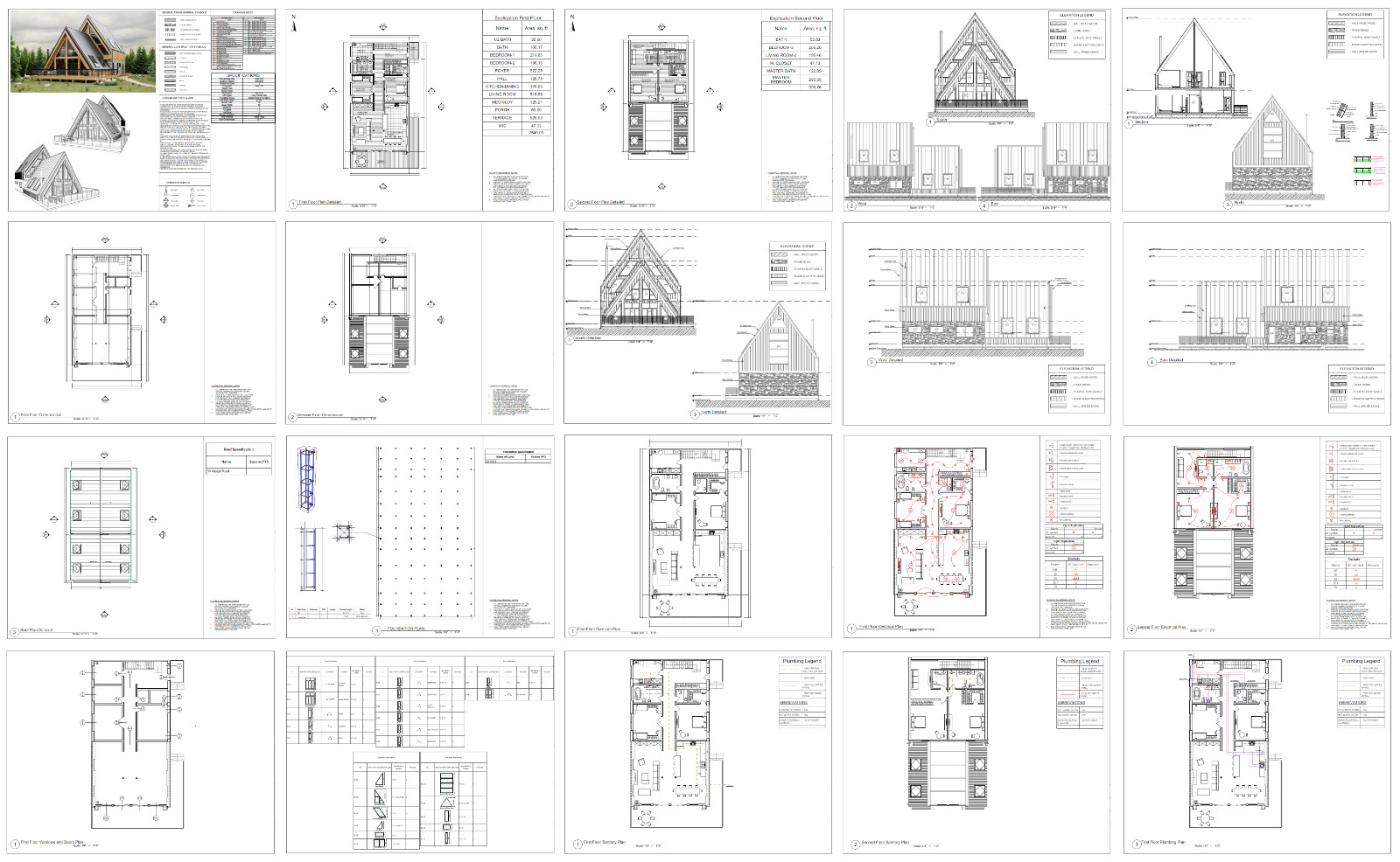35’x65′ 4 Beds, 4 Bath Double A-Frame Architectural Build Plans PDF Download