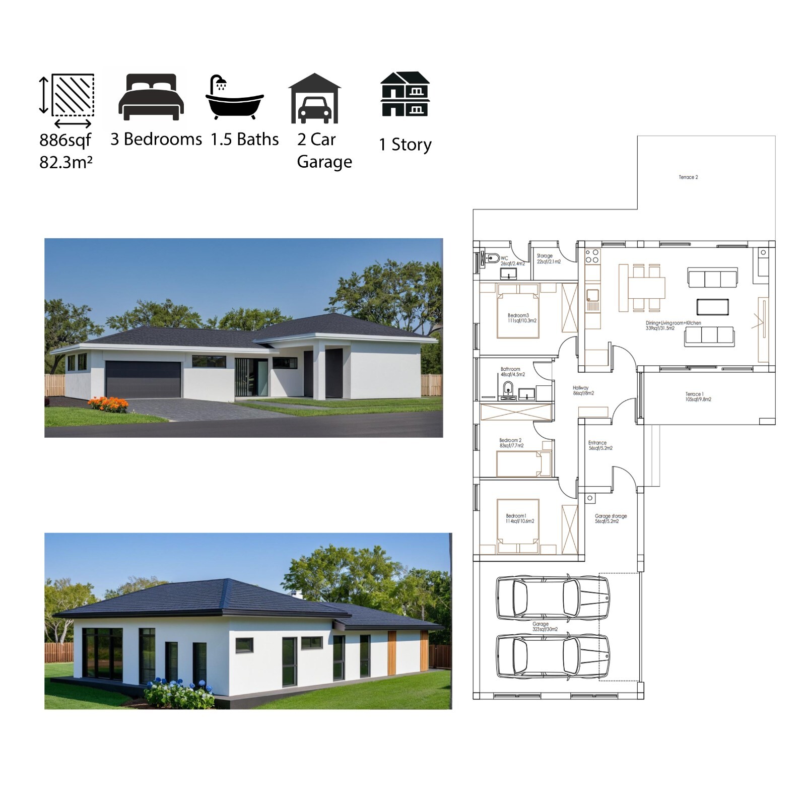 Small Modern 3 Bedroom 1.5 Bathroom House Floor Plan Blueprints, 886SQFT/82.3m2