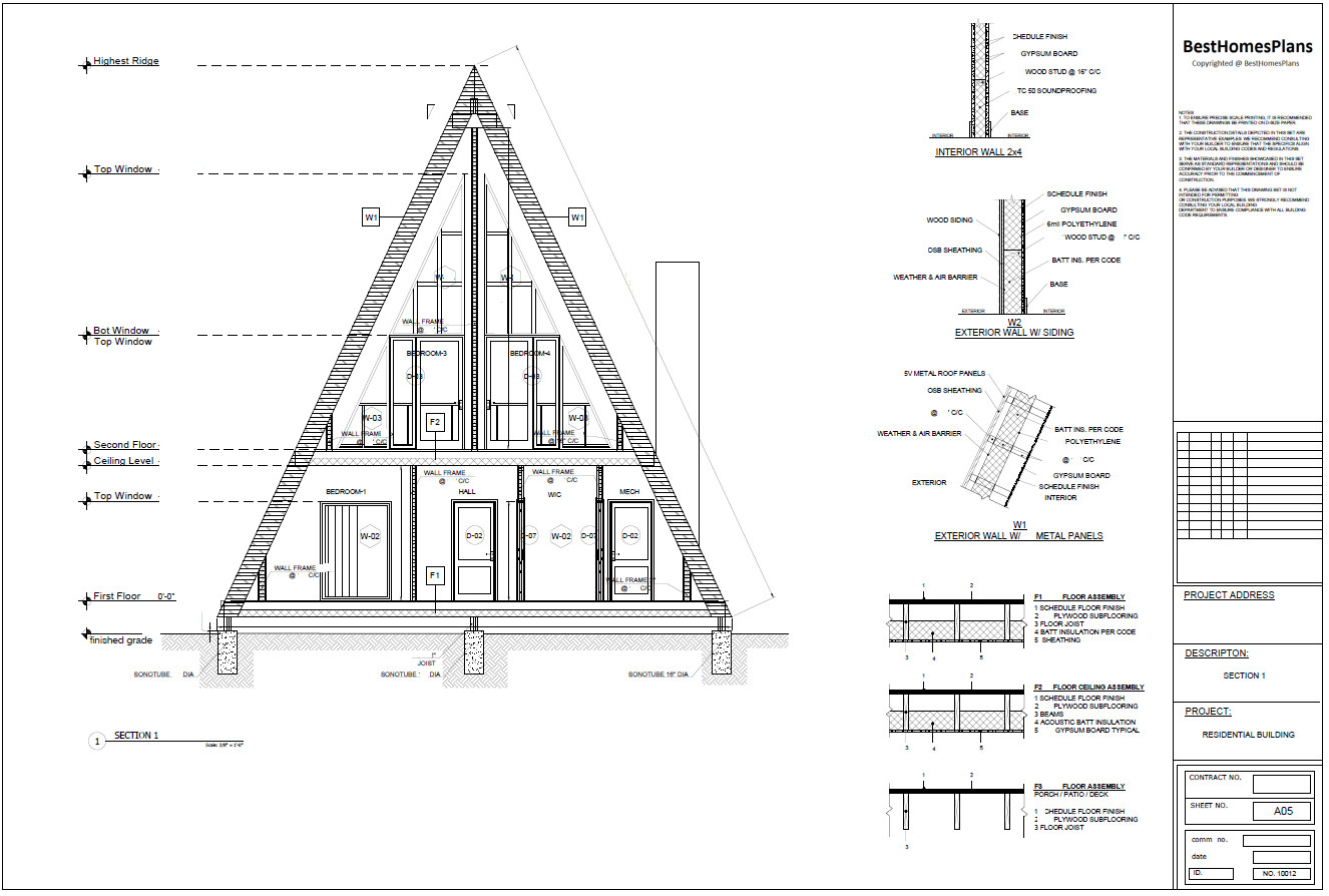 35’x59’ 4 Beds, 2 Baths A-Frame Cabin Architectural Build Plans PDF.