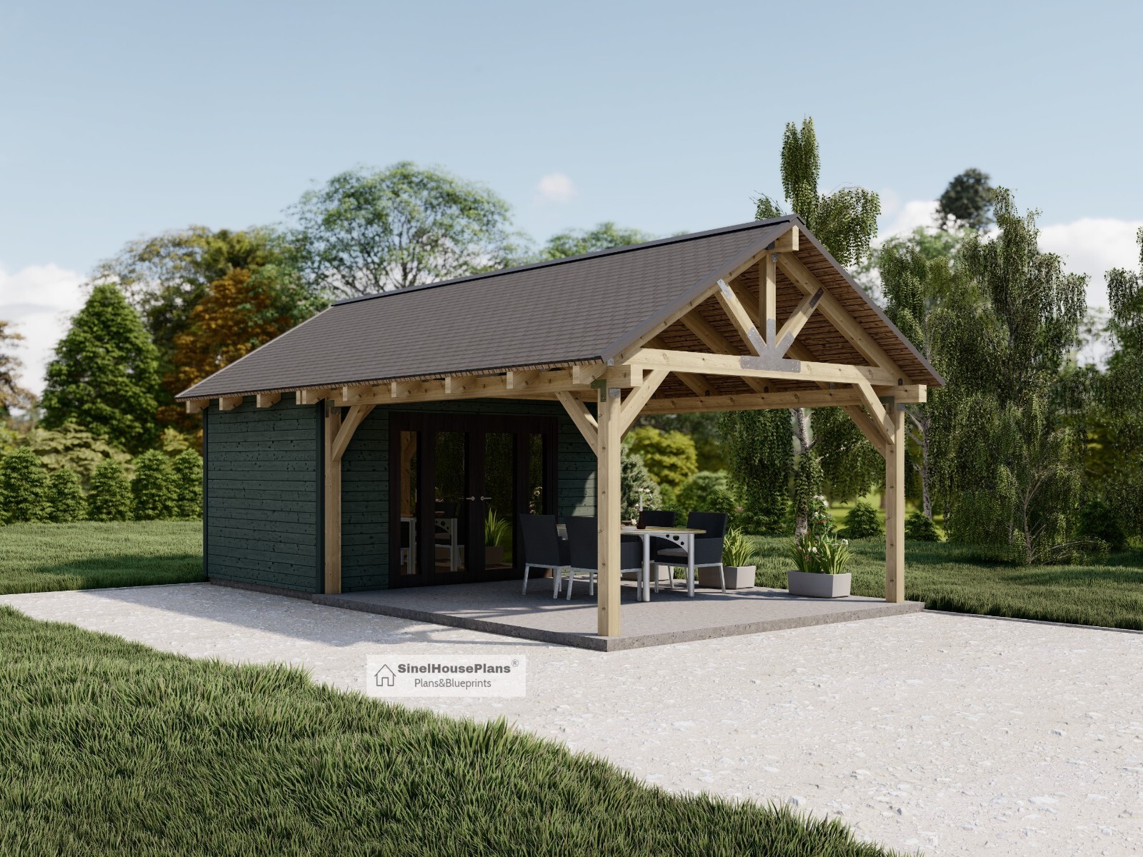 Farmhouse Pavilion Plans , 14’x26′ Timber Frame Pool House Blueprints