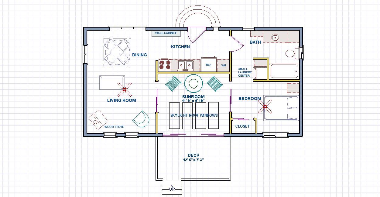 Small Home Construction Plans 648 sq.ft. with outdoor deck and sunroom.