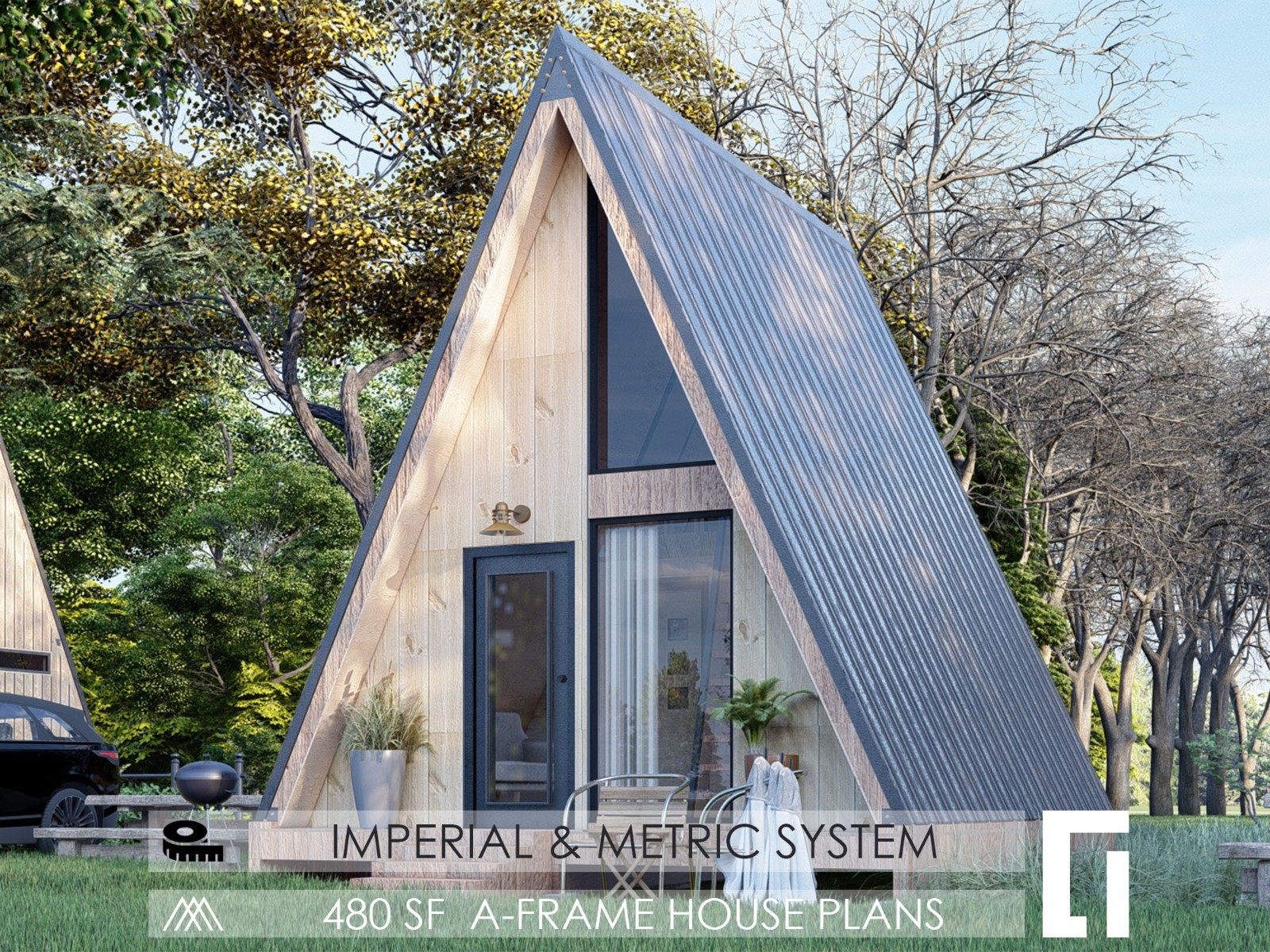 A-Frame House Cabin Plans -320SF- Blueprints – Modern, Bathroom and Loft