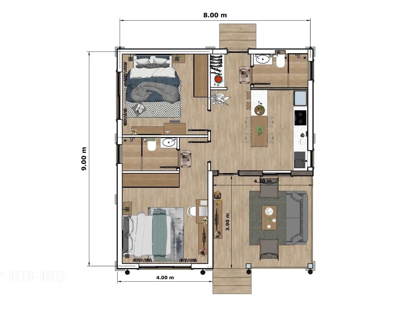 26×30 Feet Small House Plan 8×9 Meter 2 Beds 2 Bath Shed Roof PDF (A4 Hard Copy)