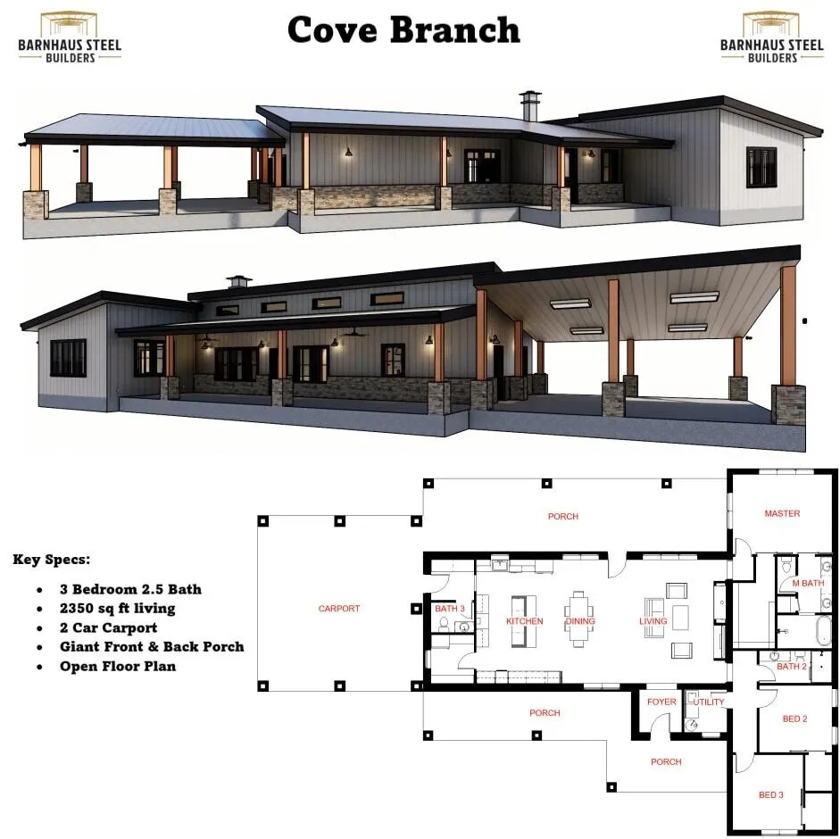 Cove Branch Barndominium – 3 Bedrooms / 2.5 Baths 2,323 SF Design Blueprints