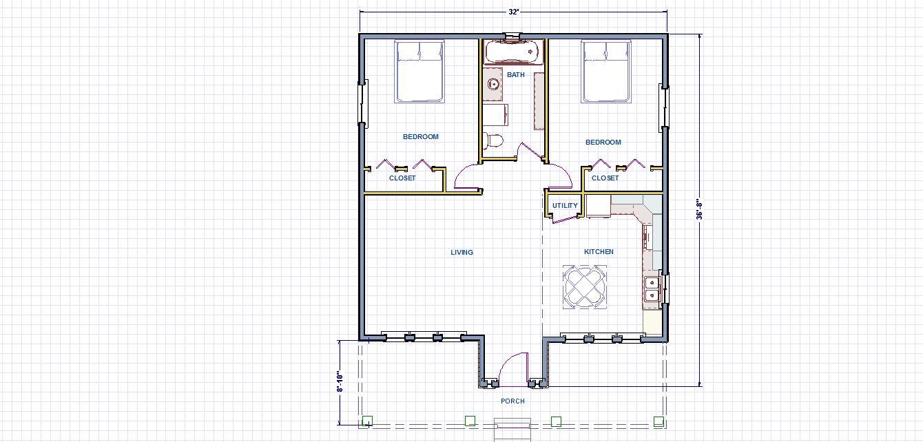 Square House Plans 1055 sq.ft. two bedrooms with FREE SHIPPING