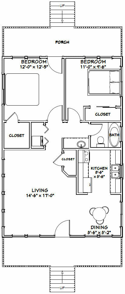 24×36 House — 2 Bedroom 1 Bath — 864 sq ft — PDF Floor Plan — Model 3