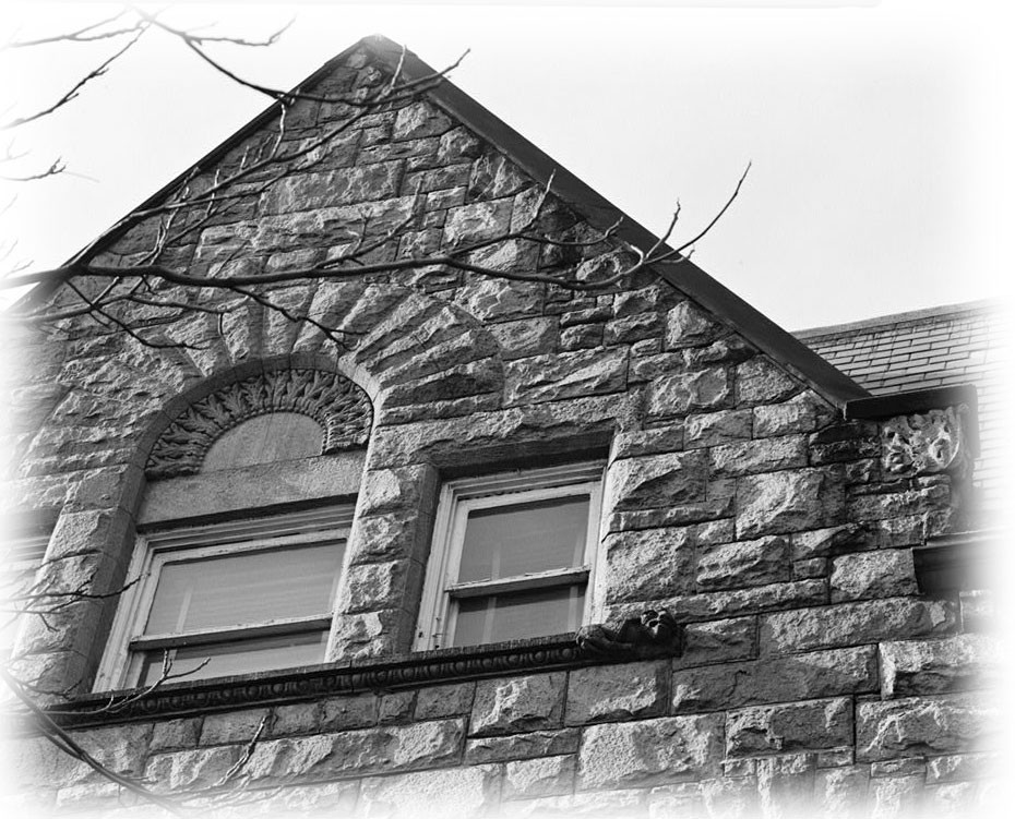 narrow lot Romanesque style home, architectural drawings, stone details