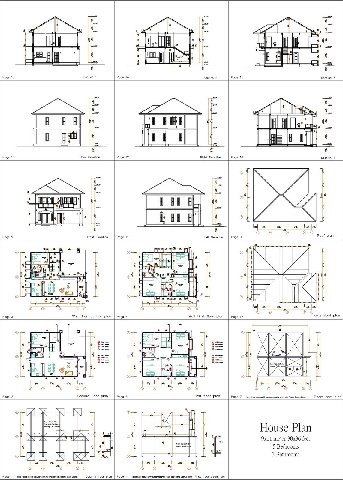 Custom House Plan 26×36 Feet 9×11 Meter 5 Beds 3 Baths Hip Roof (A4 Hard Copy)