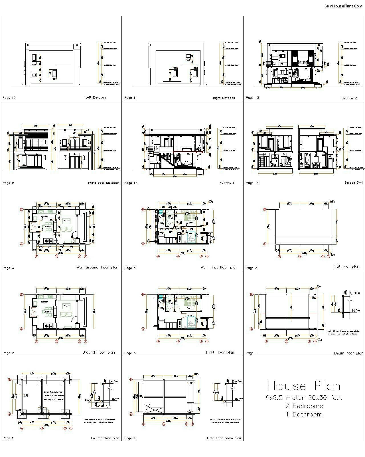 20×30 Feet Small House Plan 6×8.5 Meter 2 Beds 1 Bath Flat Roof (A4 Hard Copy)