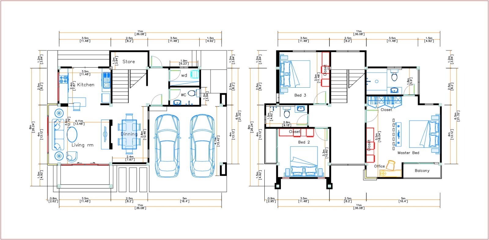 36×26 Feet House Plans 11×8 Meter 3 Beds 2 Bath Hip Roof PDF Plan (A4 Hard Copy)