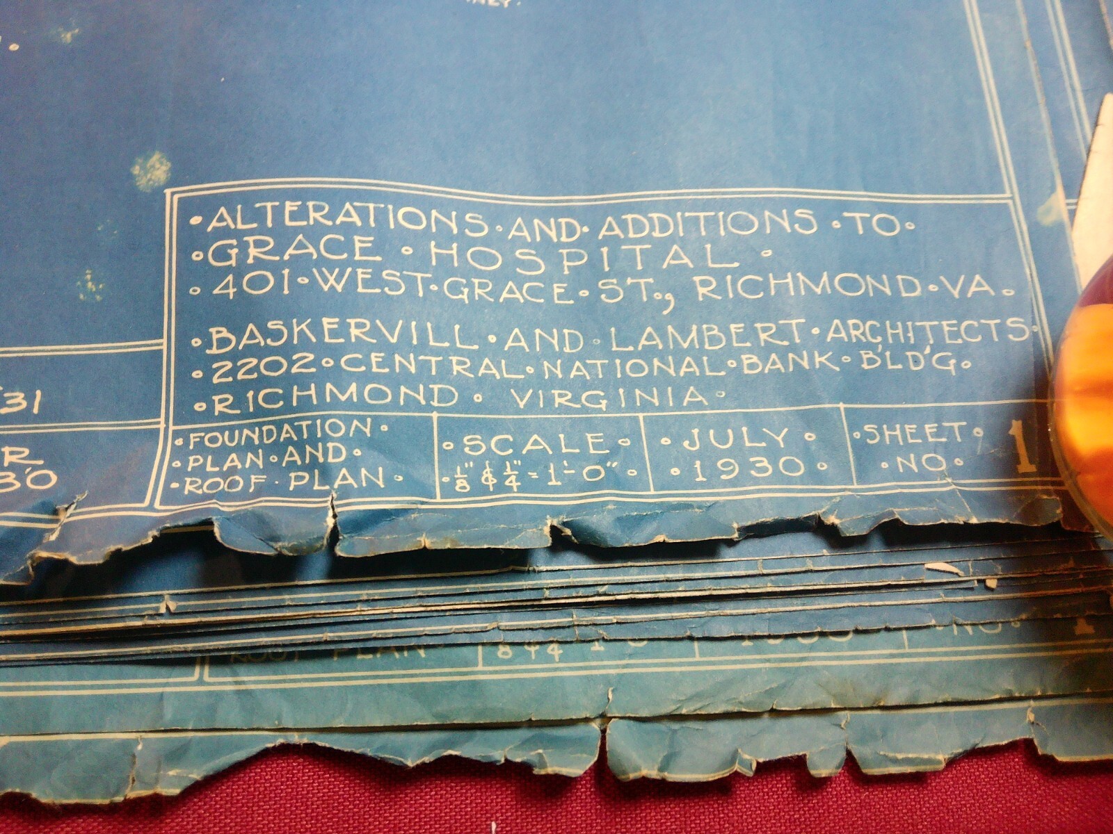 JULY 1930 Baskervill & Lambert Architects Blueprints, Grace Hospital Richmond VA