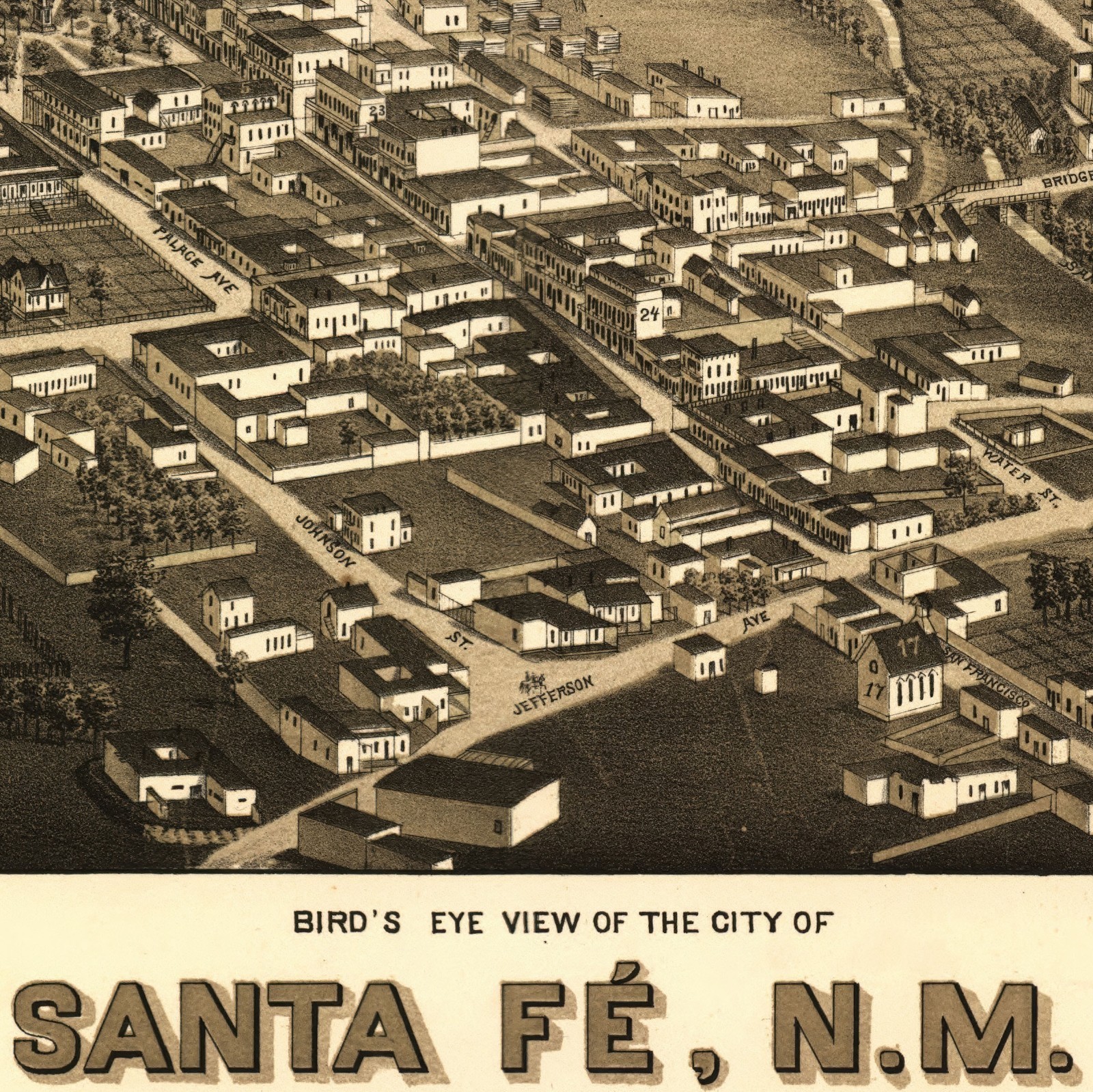 Santa Fe New Mexico 1882 Bird’s Eye View Historic City Map Vintage Wall Art