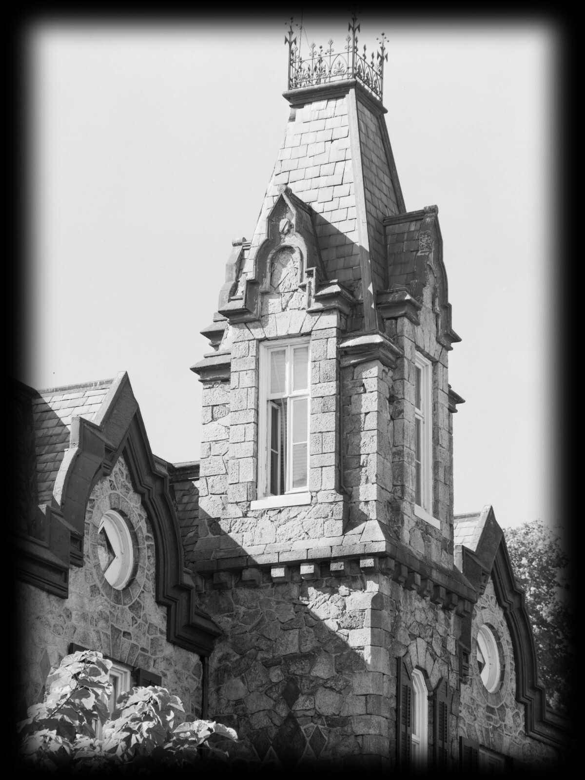 HOUSE PLANS – stone mansion, Tudor-Gothic style, porches, tower, PRINTED PLANS