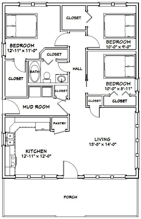 28×36 House — 3 Bedroom 1 Bath — 1,008 sq ft — PDF Floor Plan — Model 1K