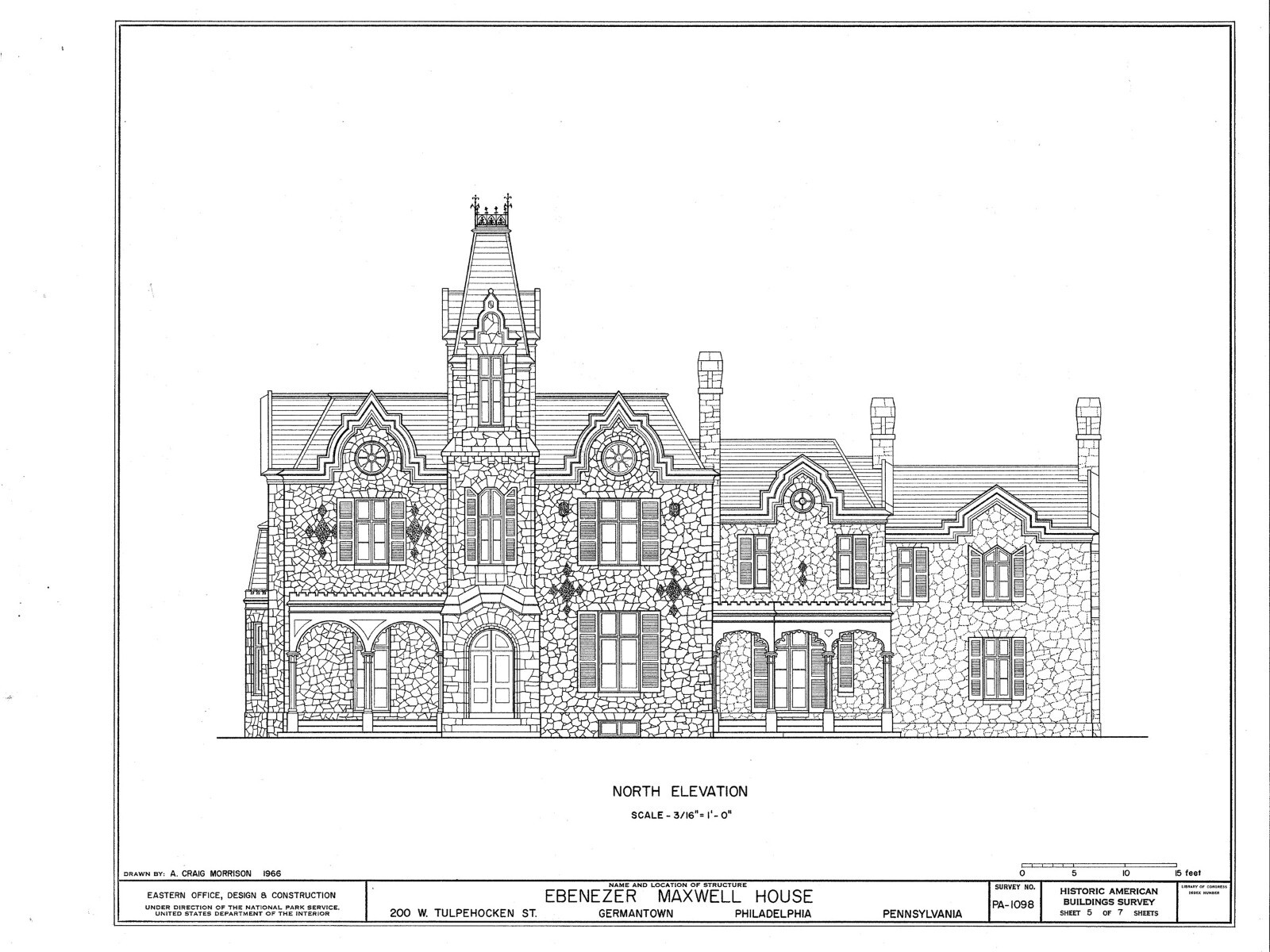 HOUSE PLANS – stone mansion, Tudor-Gothic style, porches, tower, PRINTED PLANS