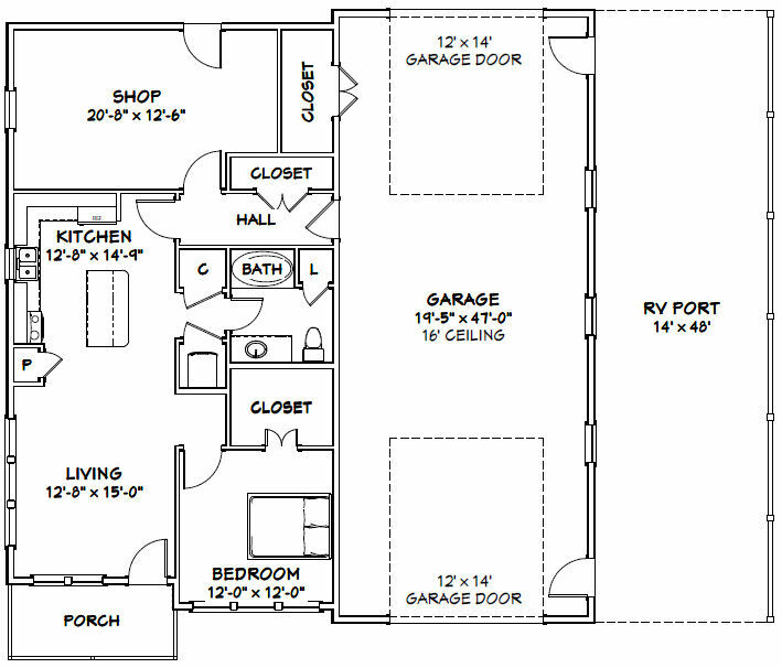 46×48 House – 1 Bedroom 1 Bath 1 RV – 1,157 sqft – PDF Floor Plan – Model 1