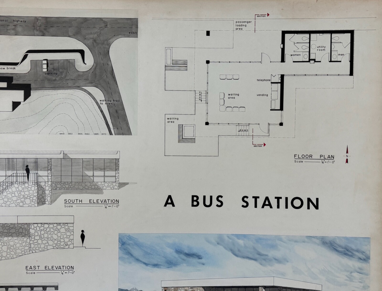 Vintage 1970s Bus Station Building Architectural Rendering Plans Blue Prints