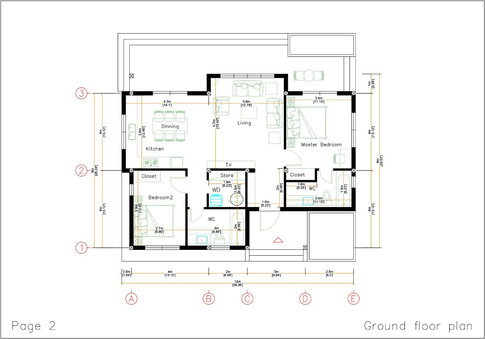 40×30 Feet House Plan 12×9 Meter 2 Beds 2 Baths Flat Roof PDF (A4 Hard Copy)