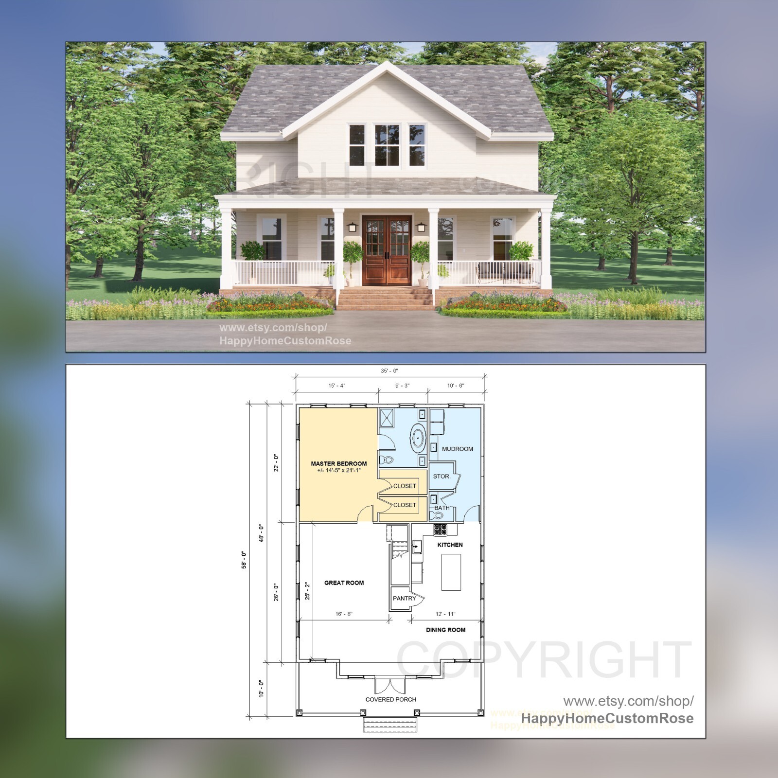 Tall Oak Southern Living Farmhouse – 4 Bed 4 Bath – 58×35′ – Drawings Blueprints