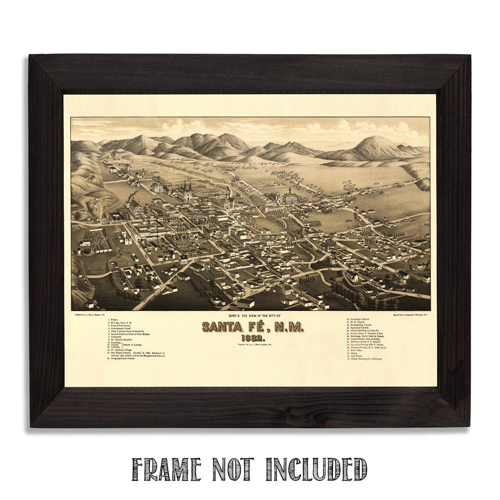 Santa Fe New Mexico 1882 Bird’s Eye View Historic City Map Vintage Wall Art