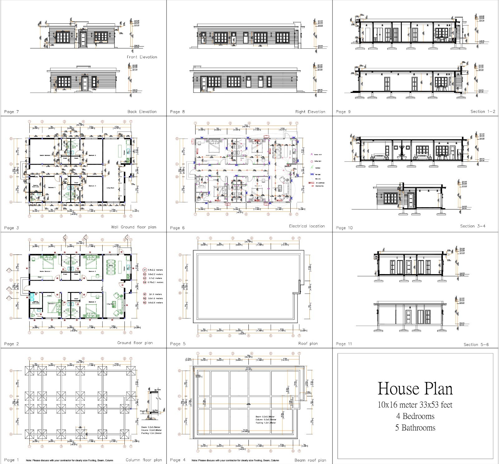 33×53 Feet House Design Plans 10×16 Meter 4 Beds 5 Baths Terrace (A4 Hard Copy)