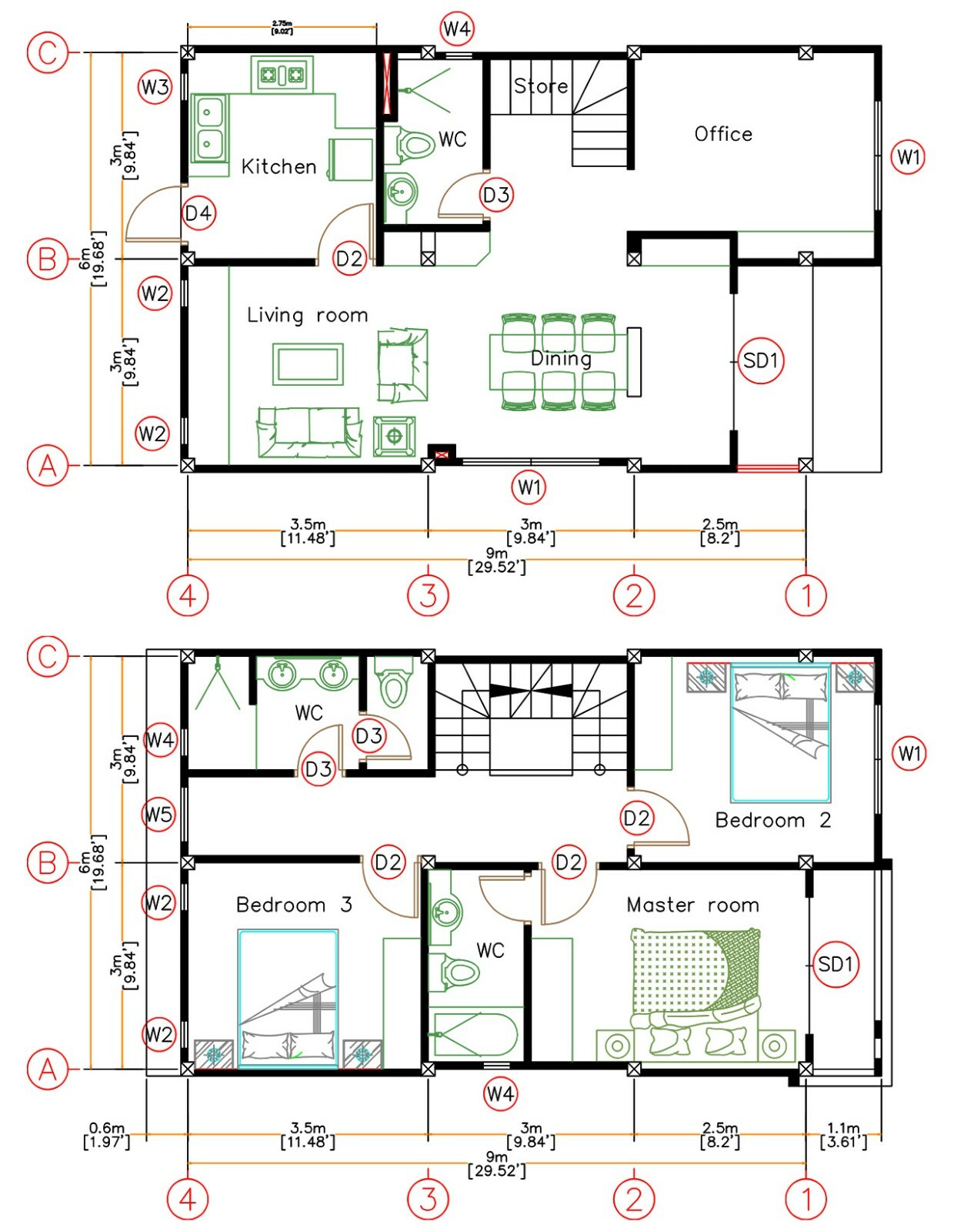 House Plan 6×10 Meter 20×33 Feet 3 Beds 3 Baths Terrace Roof Pdf (A4 Hard Copy)