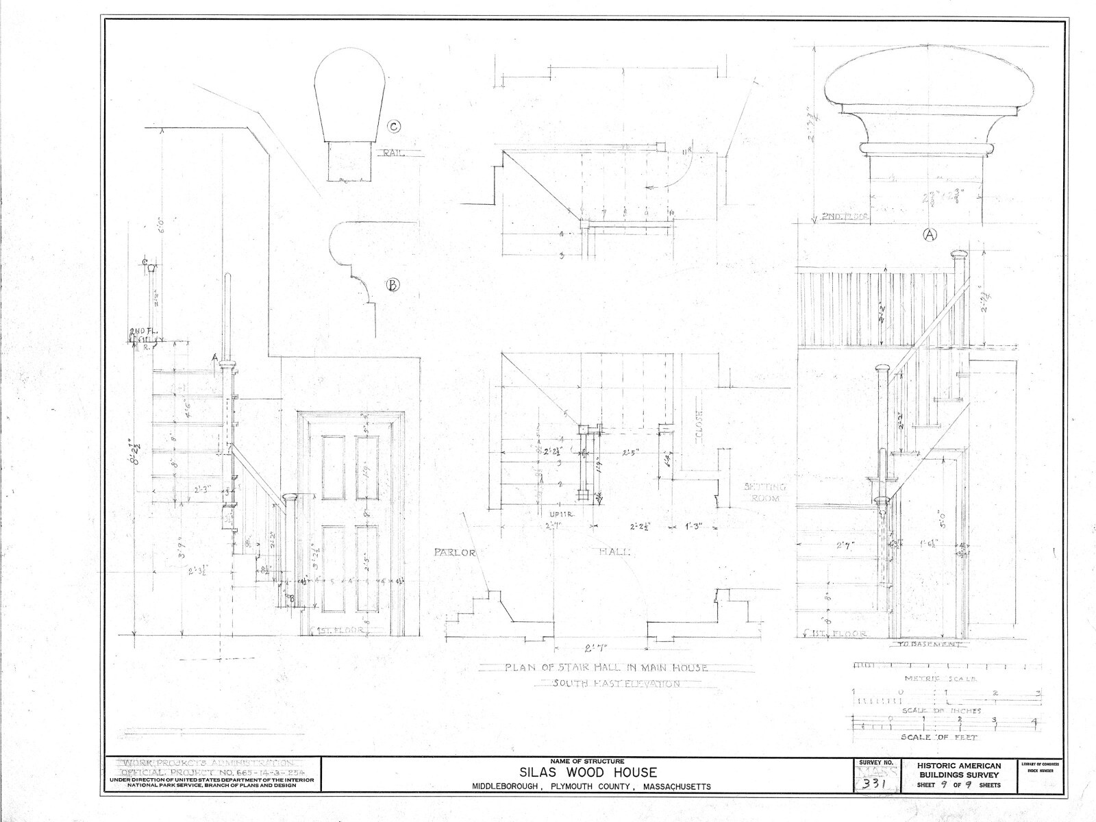 Gambrel roof Colonial home plan, clapboard siding, many rooms, printed drawings