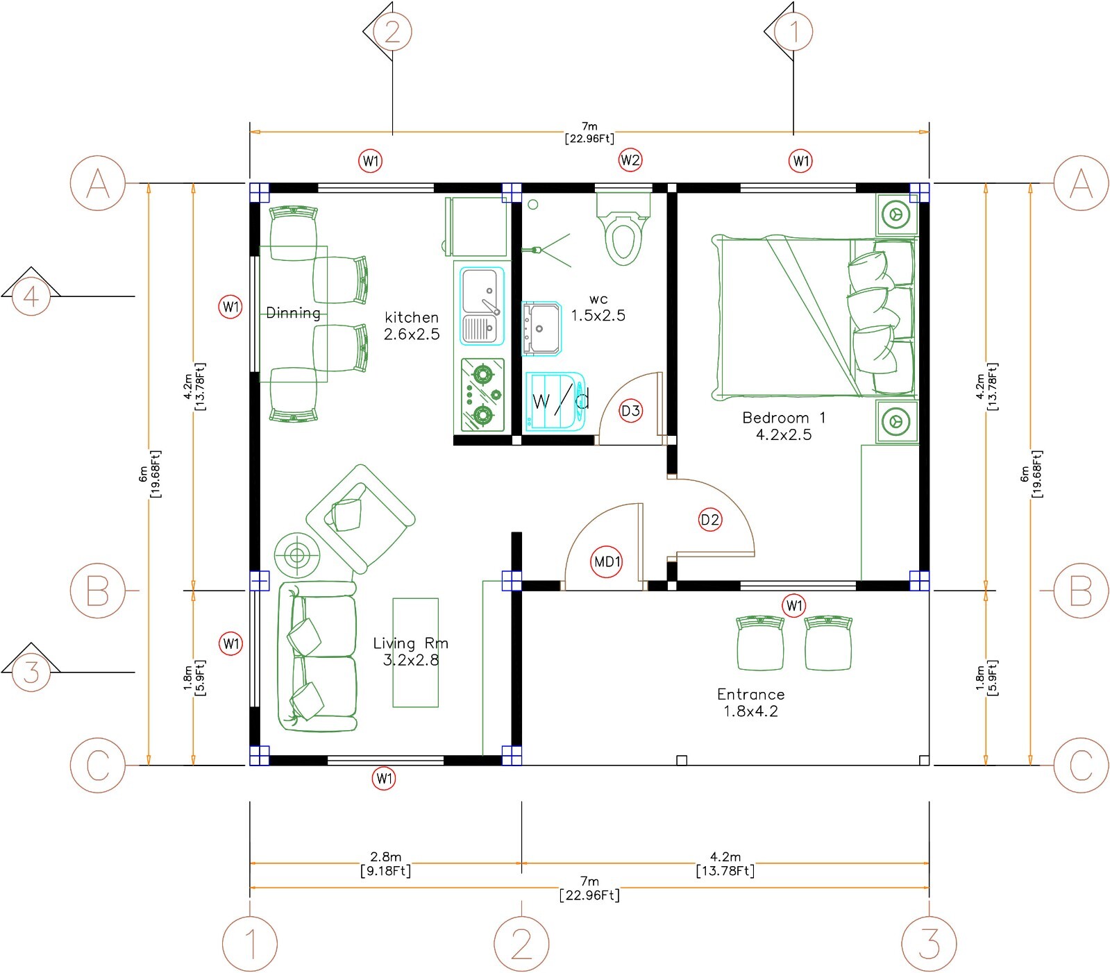 23×20 Feet Tiny House Plans 7×6 Meter One Bed Gable Roof PDF Plan (A4 Hard Copy)