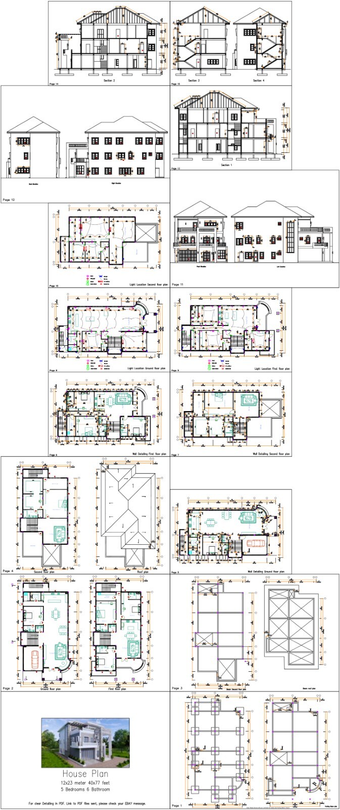 40×70 Feet House Design Plans 12×23 Meter 5 Bed 6 Bath PDF Plan & A4 Hard Copy