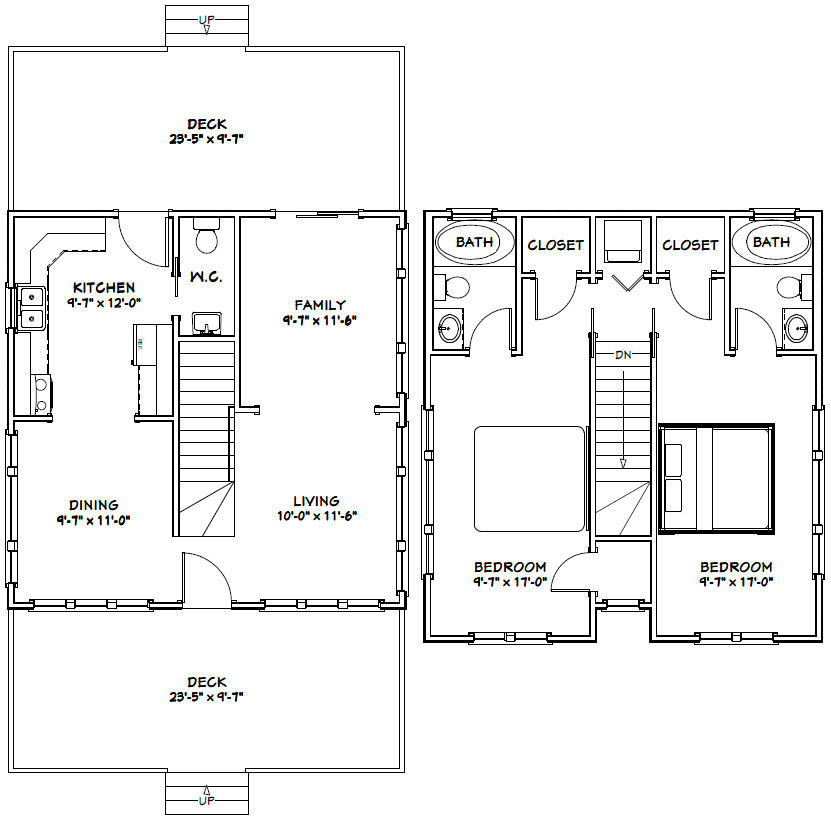 24×24 House — 2 Bedroom — 2.5 Bath 1,106 sq ft — PDF Floor Plan — Model 5