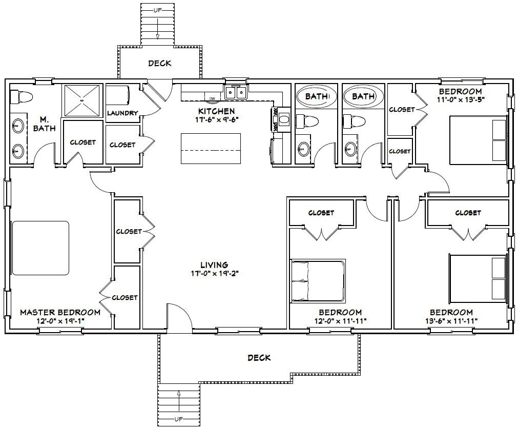 60×30 House — 4 bedroom 3 Bath — 1,800 sqft — PDF Floor Plan — Model 4D