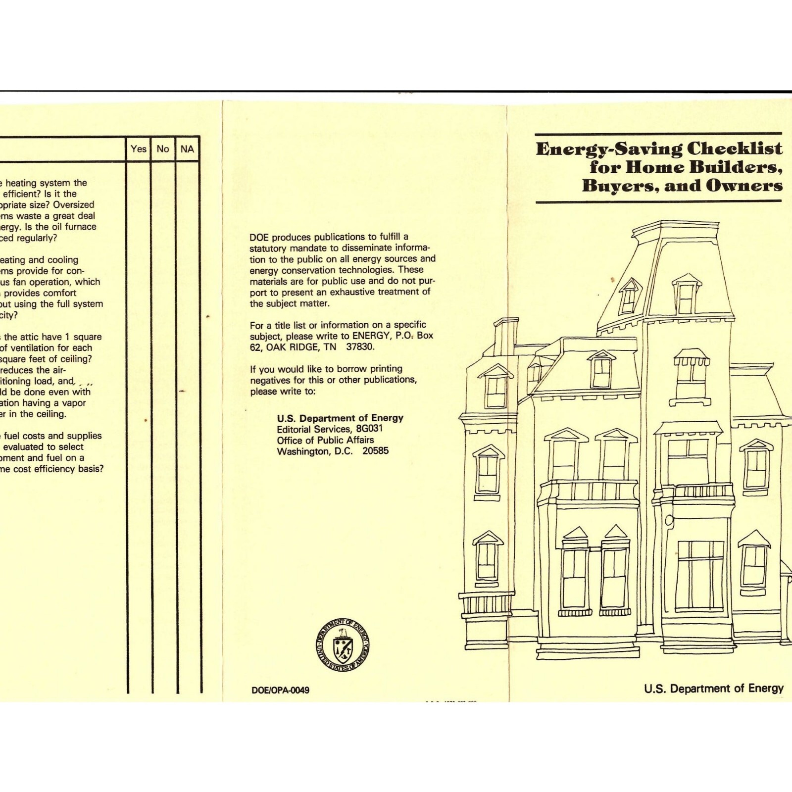 Energy-Saving Checklist for Home Builders,Buyers,and Owners 1979 Brochure
