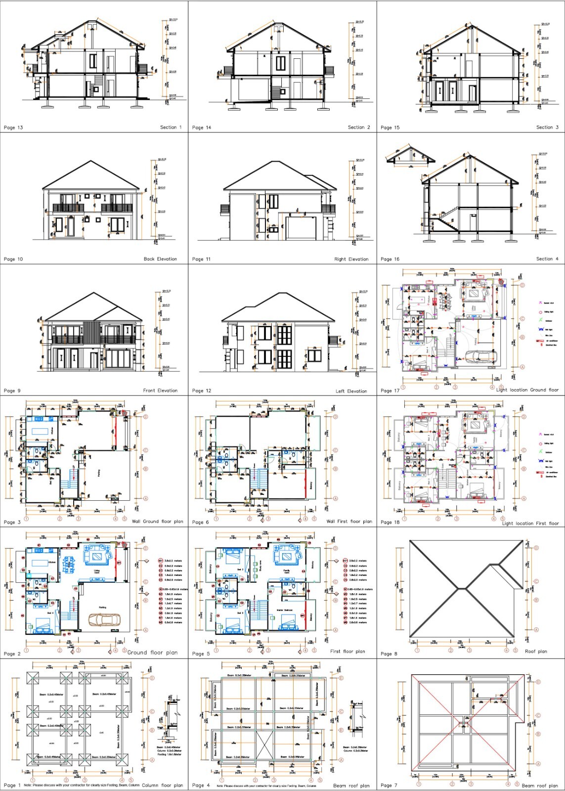 36×40 Feet House Design Plan 11×12 Meter 4 Beds 5 Baths Hip Roof (A4 Hard Copy)