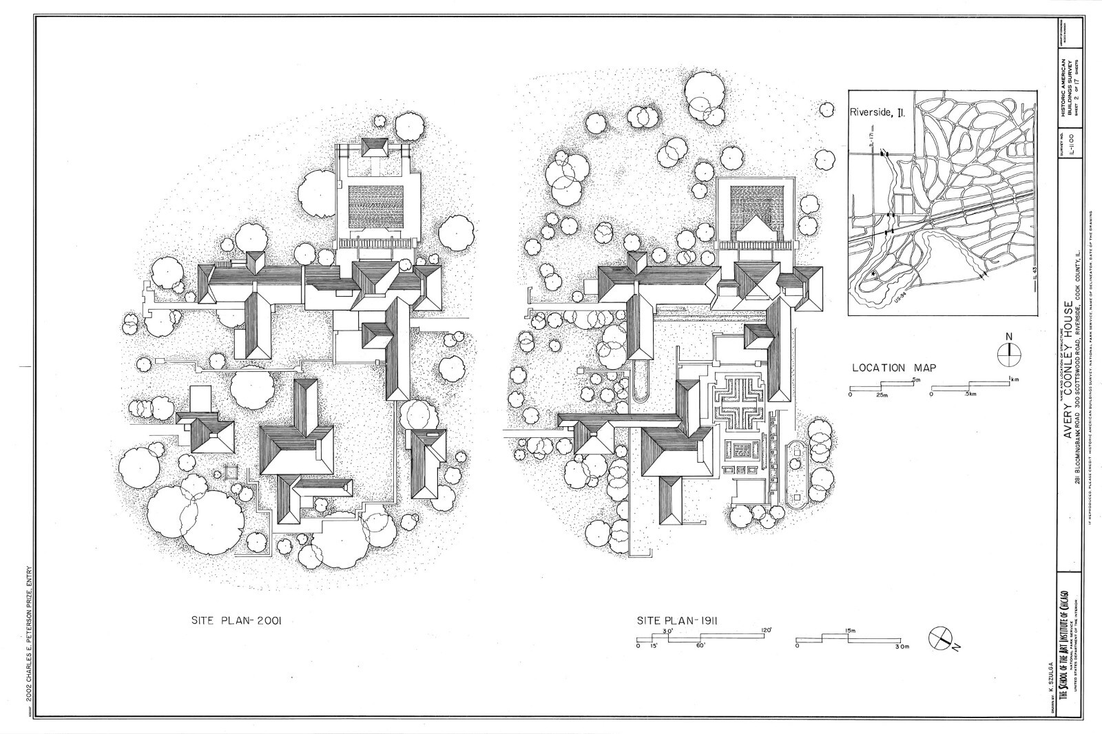 Frank Lloyd Wright Prairie Style home, architectural drawings, Coonley House
