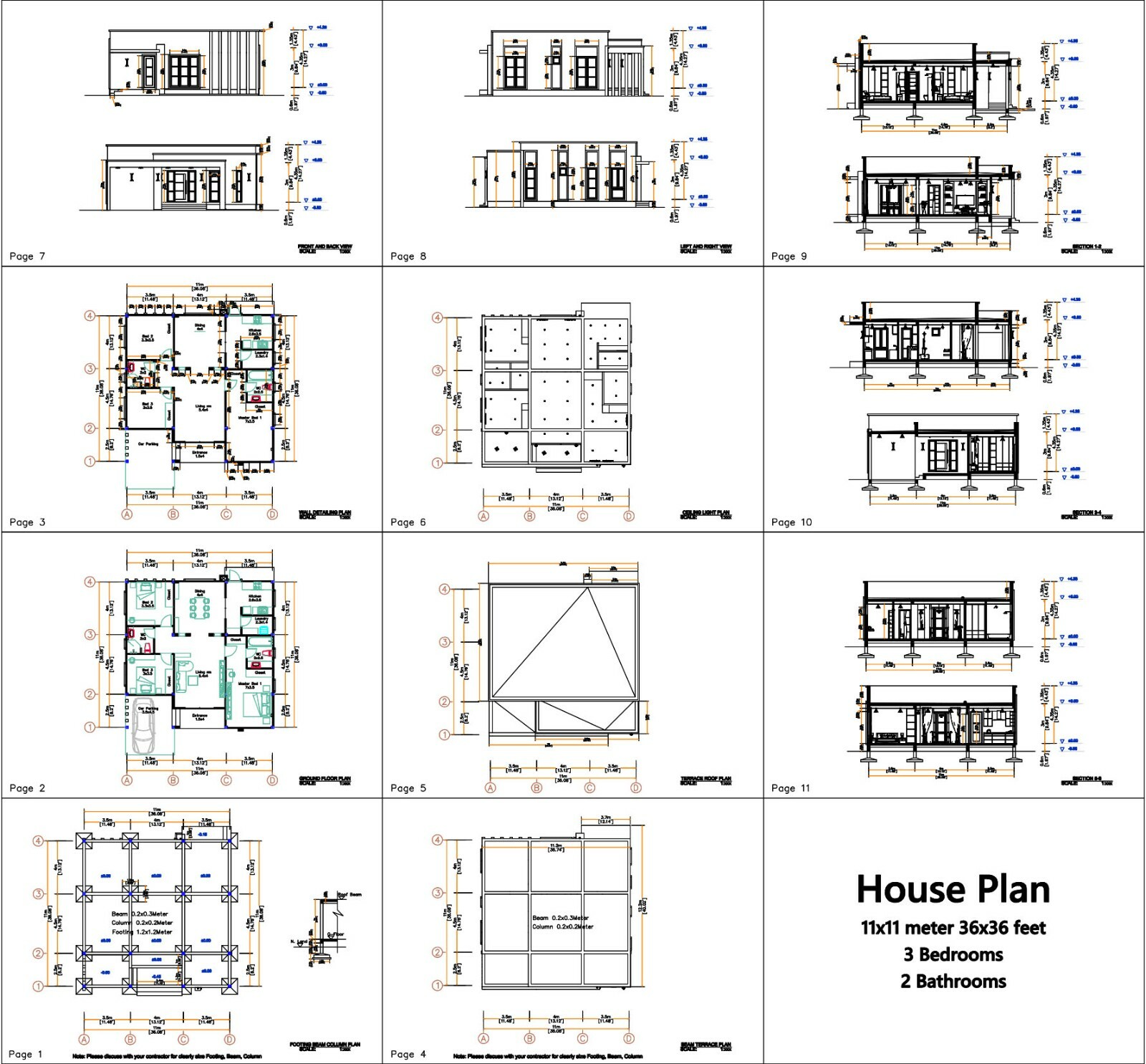 36×36 Feet House Design Plans 11×11 Meter 3 Beds 2 Baths Flat Roof(A4 Hard Copy)